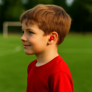 Niño usando protectores auditivos moldeables en deportes