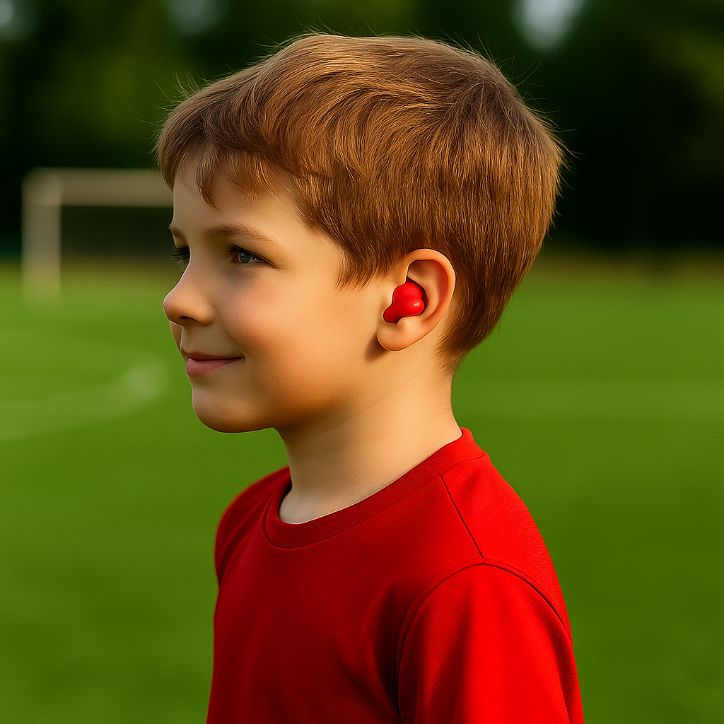 Niño usando protectores auditivos moldeables en deportes