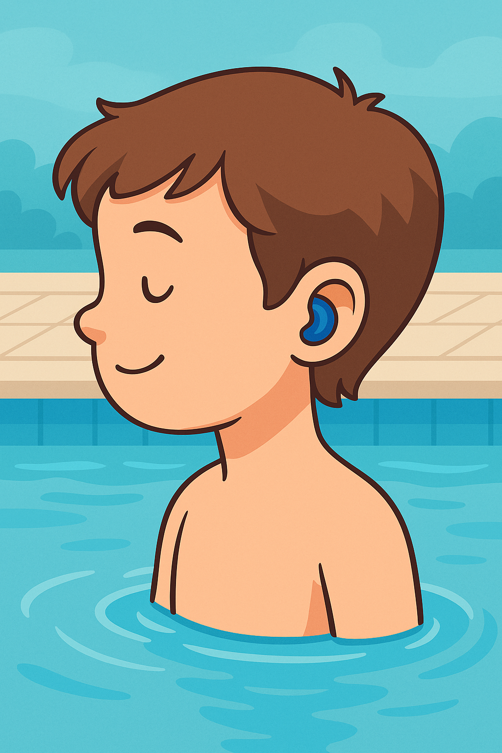 protector-auditivo-ninos-natacion-protebet.jpg Niño usando protector auditivo azul personalizado mientras nada en una piscina, prevención de otitis infantil