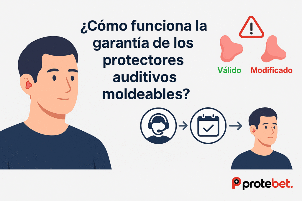 Infografía del proceso de garantía de protectores auditivos personalizados, mostrando la importancia de no modificar el producto sin autorización y el tiempo necesario de adaptación.