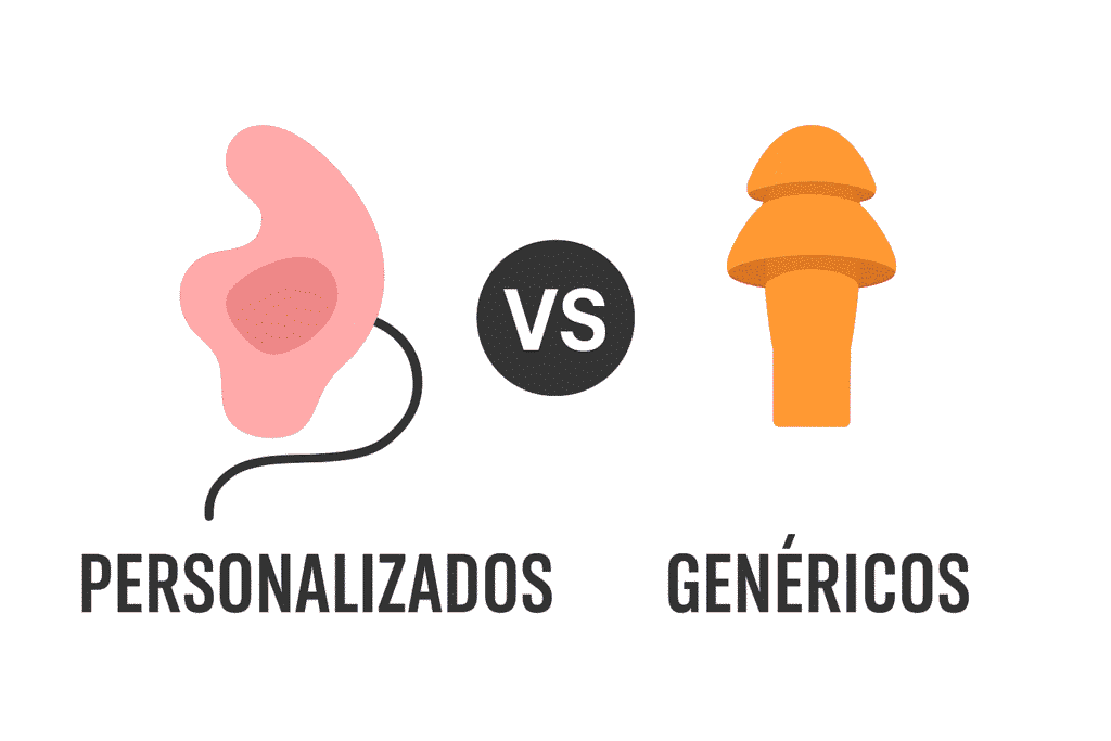 Ilustración comparativa entre protectores auditivos moldeables personalizados y protectores genéricos desechables.