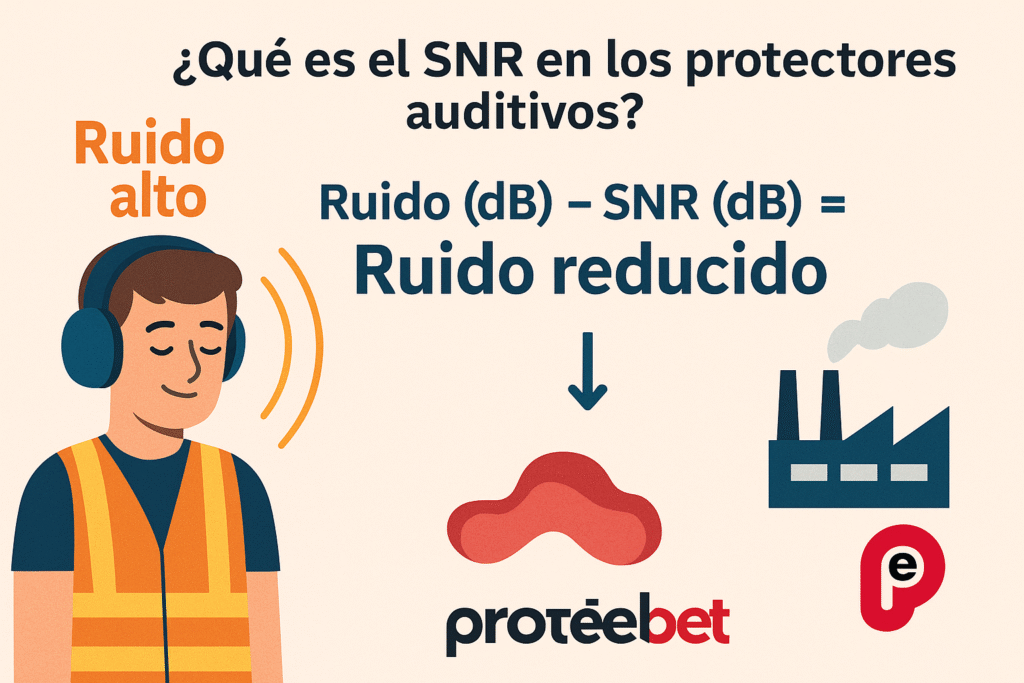 Ilustración educativa que explica qué es el SNR en protectores auditivos con ejemplo de reducción de ruido y logo de Protebet.