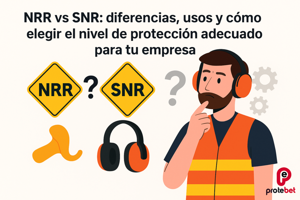 Infografía que compara NRR y SNR para elegir el nivel adecuado de protección auditiva en empresas, creada por Protebet.