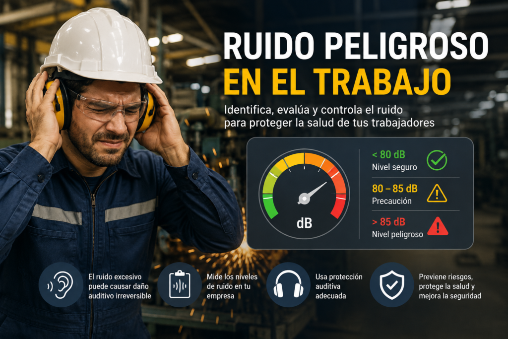Ruido peligroso en el trabajo en ambiente industrial con protección auditiva